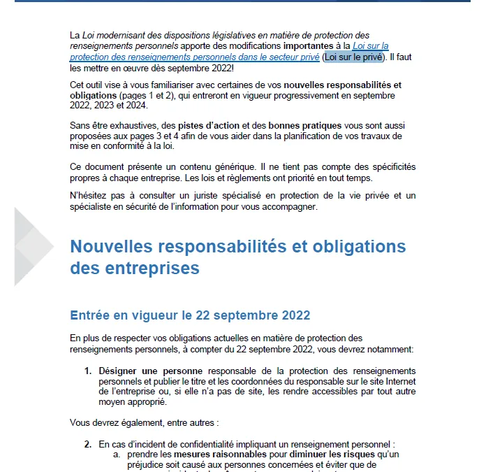 Trousse Loi 25/Loi sur le Privé : guide et gabarits pour s’y conformer